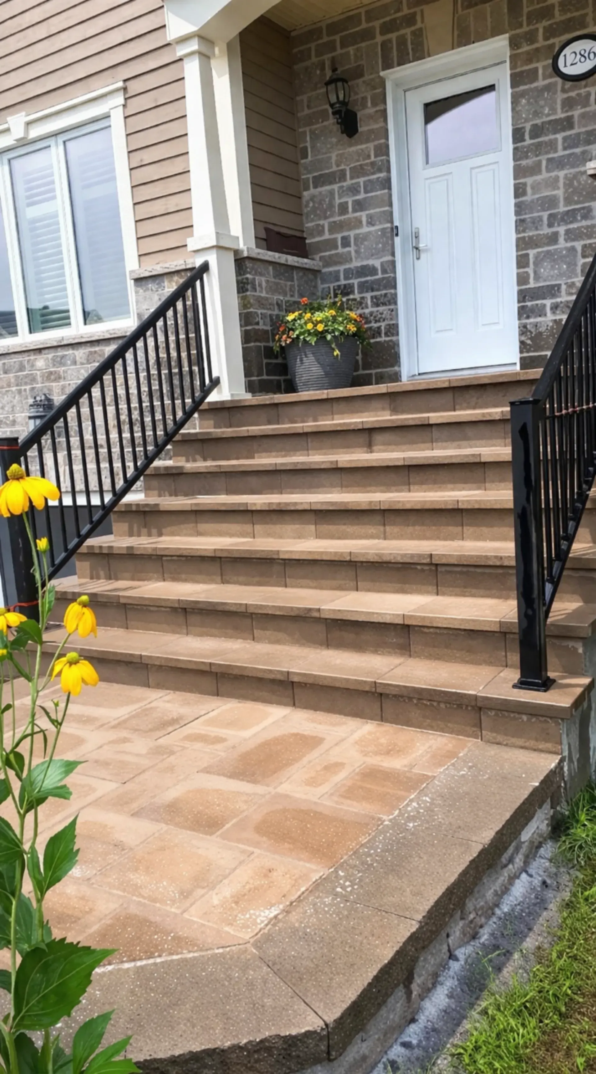 Entrée résidentielle avec recouvrement en dalles sur béton existant